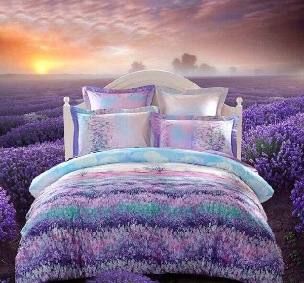 Fashion Textile Purple Lavender Printing Cotton Bedding Set Queen