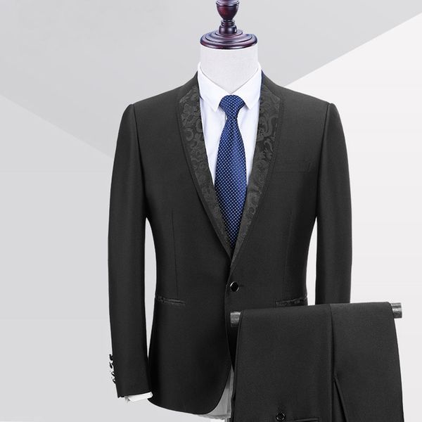 

2018 black wedding groom tuxedos shawl lapel trim fit business party men suits custom made groomsmen suits (jacket + pants, Black;gray