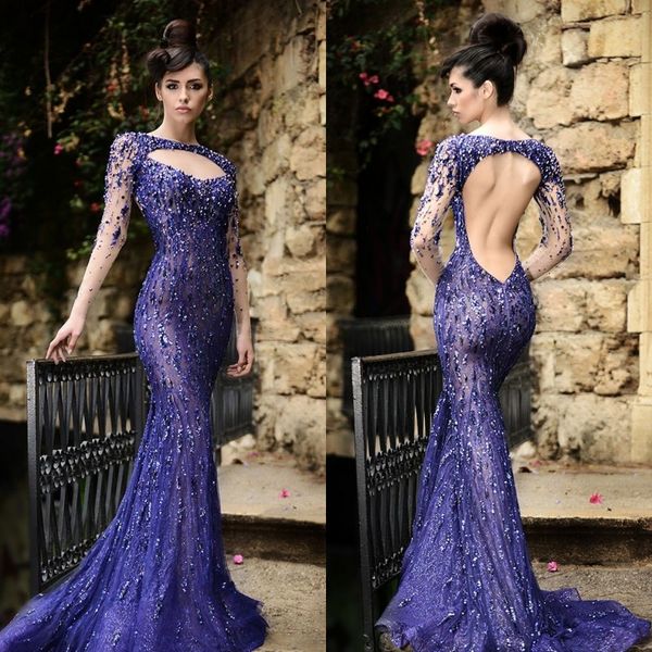 

long sleeve mermaid prom dresses 2019 rami salamoun mermaid backless crystal beaded sequins lace formal evening gowns, Black