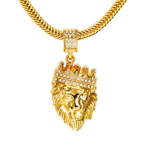 Collane con ciondolo Hip Hop Corona di leone Testa di strass di cristallo Ciondolo viso Collana a catena placcata oro 18k Hipster Street Dance Hiphop Gioielleria raffinata Uomo Donna