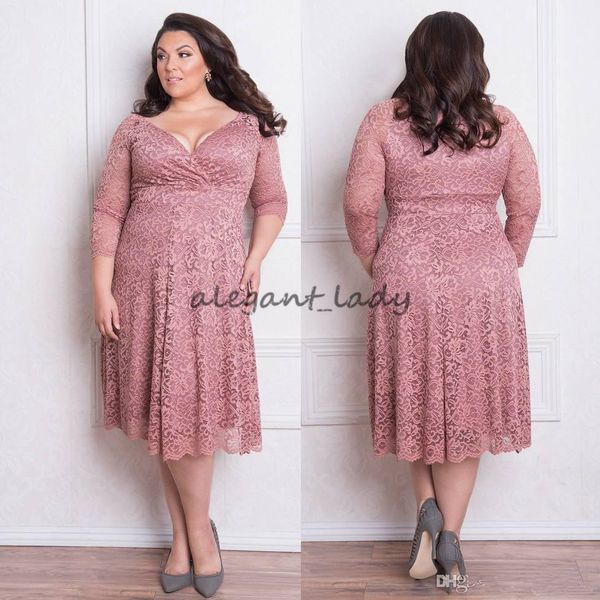 

Modest Blush Lace Tea-length Mother of Te Bride Dresses with Long Sleeve 2018 Custom Make Plus Size V-neck Mother Prom Party Dress