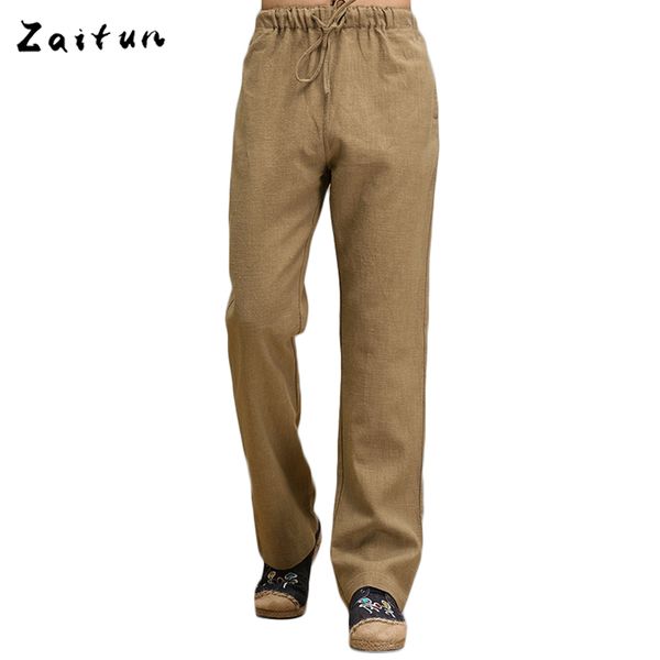

wholesale- zaitun solid color loose pure linen pants men elastic waist casual 100% linen pants men summer straight linen trousers bottoms, Black