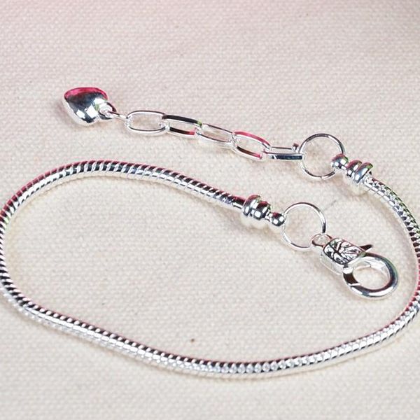 

classic diy 925 silver plating snake chain bracelets + extension of the chain fit europen charms beads lobster clasp bracelet