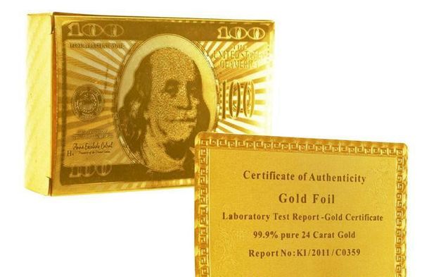 

new arrivals 100sets/lot gold foil plated playing cards plastic poker us dollar / euro style and general style with certificate