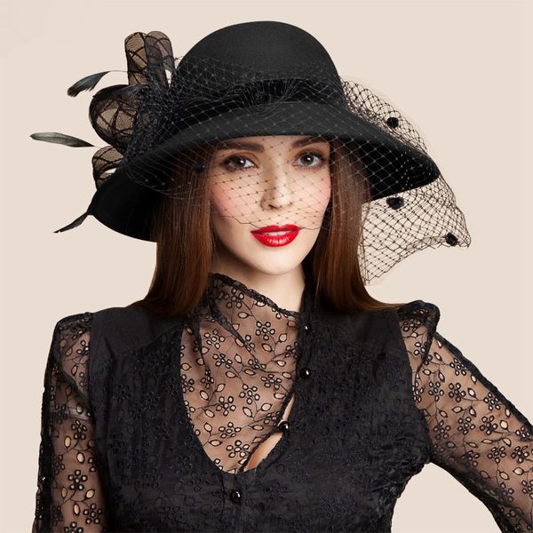 

womens wool felt floral veil netting feather church dress wide brim derby hat cocktail party a322, Blue;gray