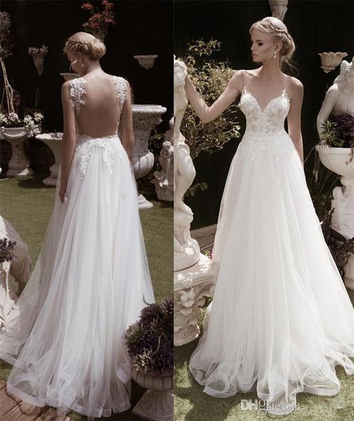 

2020 lace wedding dress v neck hollow back tulle bridal gown spaghetti straps a line tulle sweep train wedding dresses, White