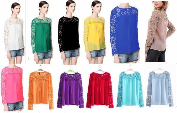 

s5q women long sleeve lace crochet emboriey loose blouse casual shirt 12 colors, White