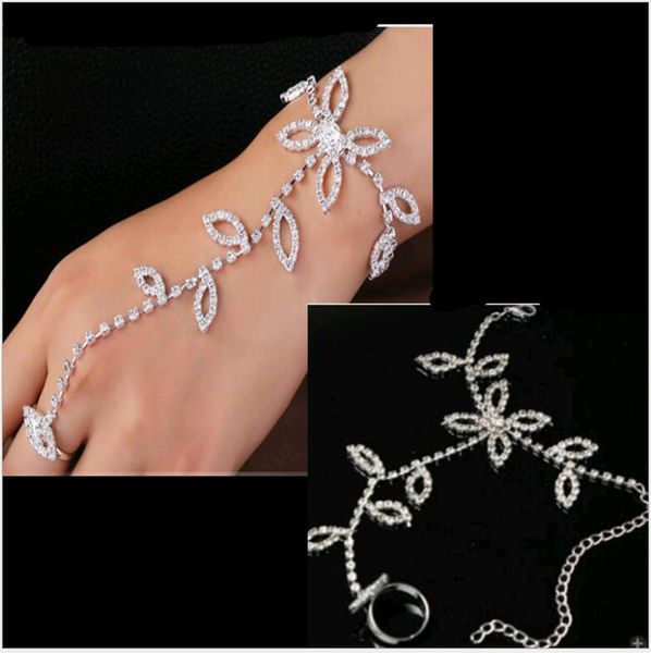 

ladies leaf hand back chain anklet claw rhinestone bracelet ring one-piece chains bridal wedding accessories, Black