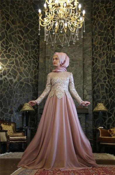 2015 Green Lace Muslim Long Sleeve Evening Dresses High Neck A Line