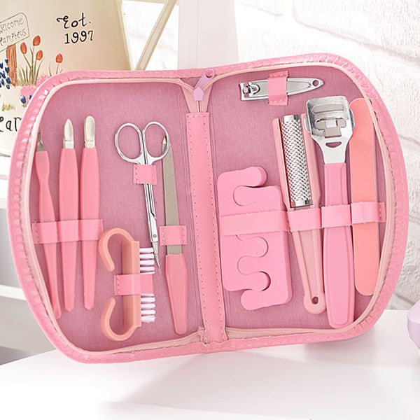 12-teiliges Maniküre- und Pediküre-Set, Nagelschere, Trimmer, Cutter, Fuß, Hornhautraspel, Rasierer mit rosa Etui