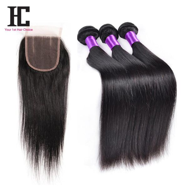 

Brazilian Straight Hair With Closure 3 Bundles Human Hair Weave With Closure 7A Unprocessed Virgin Hair Brazilian Straight HC Hair