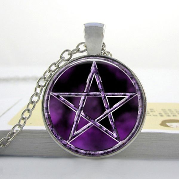

fashion elling purple pentagram wicca pendant necklace japan wiccan jewelry occult charm necklaces gifts for men and women, Silver
