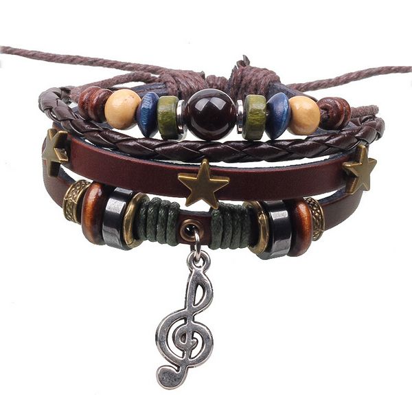 2014 heißer Verkauf Mode Multilayer Lederband Armbänder Armreifen Vintage Drei Sterne Musiknote Anhänger Armband Für Frauen Männer