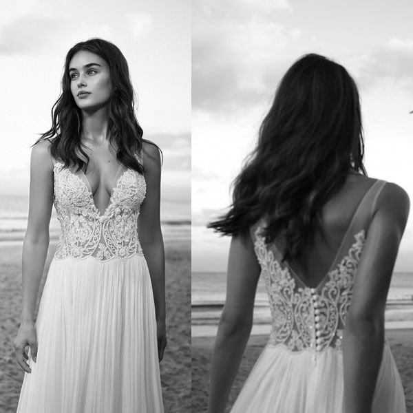 Hod Lihi Abiti da spiaggia Scollo a V profondo Applique in pizzo Perline Abiti da sposa Sweep Train Abito da sposa in chiffon vintage Il più caldo intage