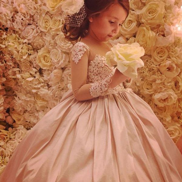 

new arrival long sleeves champagne sweep train ball gowns flower girl dresses birthday dresses for wedding party, White;blue