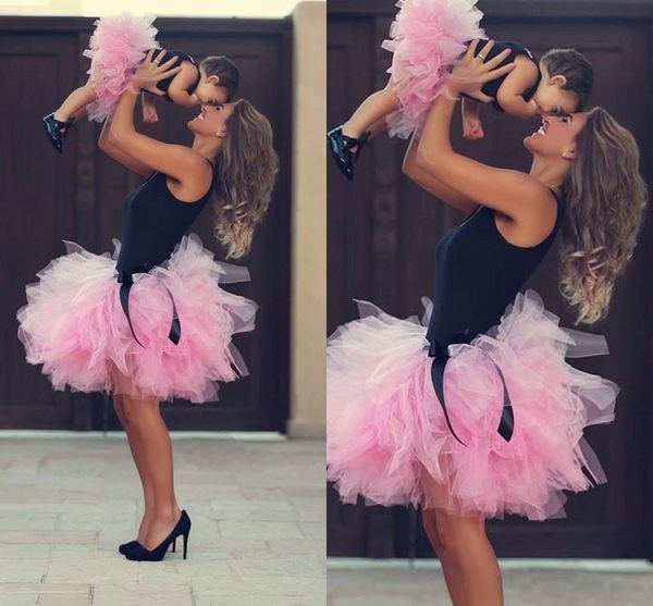 

2015 pink short skirts mother and daughter tutu skirts ball gown family clothing custom made tulle ruffles skirts little prom party dresses, Blue