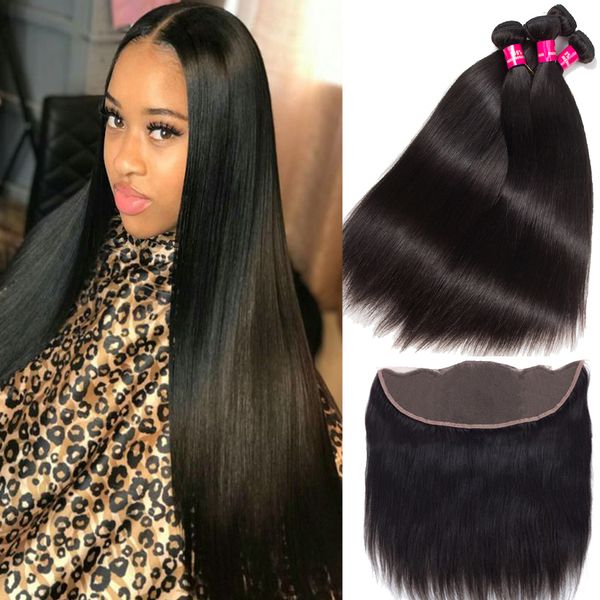 

brazilian straight hair 3 bundles with 4x13 lace frontal closure remy brazilian peruvian malaysian indian straight virgin human hair weaves, Black;brown