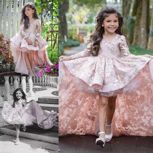 

high low ball gowns girls pageant dresses 2018 lace appliques v-neck long sleeves kids wedding dress court train formal flower girl gown, White;red