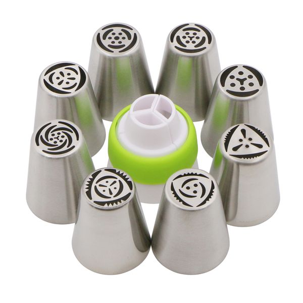 

wholesale- 8 pcs kitchen accessories cake pastry tools stainless steel nozzles russian piping tips +1 pcs baking converter coupler