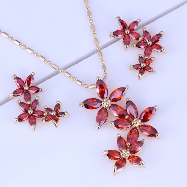 

Горящий красный гранат цветочный кластер 18k желтый позолоченный ожерелье/кулон / серьги ювелирные наборы для женщин бесплатная подарочная сумка X0177