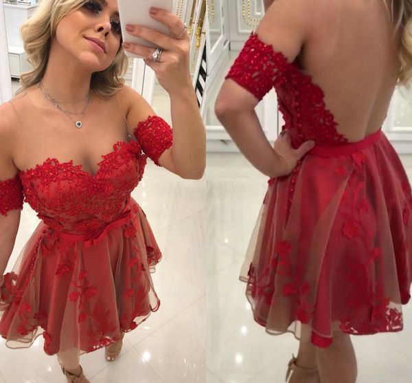 

off shoulder red short prom dresses sheer neck short sleeves appliques beaded tulle backless short party dresses illusion back, Black