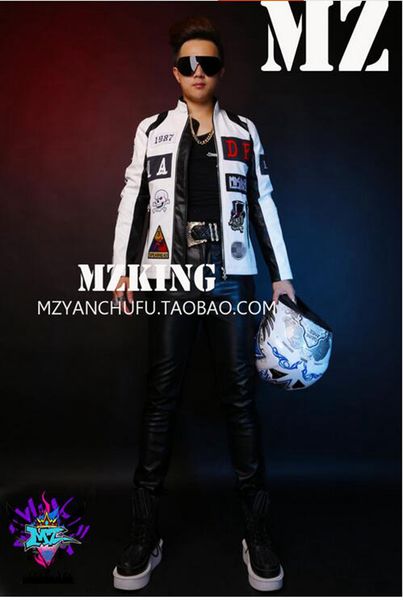 

мужской певец han edition fashion club в европе и на подиуме выглядит в черно-белых мозаичных кожаных костюмах. s-6 xl, Black;red