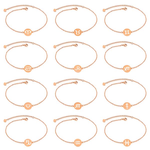 

12 constellations hollow heart cuff bracelet rose gold stainless steel jewelry charm chain bracelets bangles romantic gift for girlfriend, Golden;silver