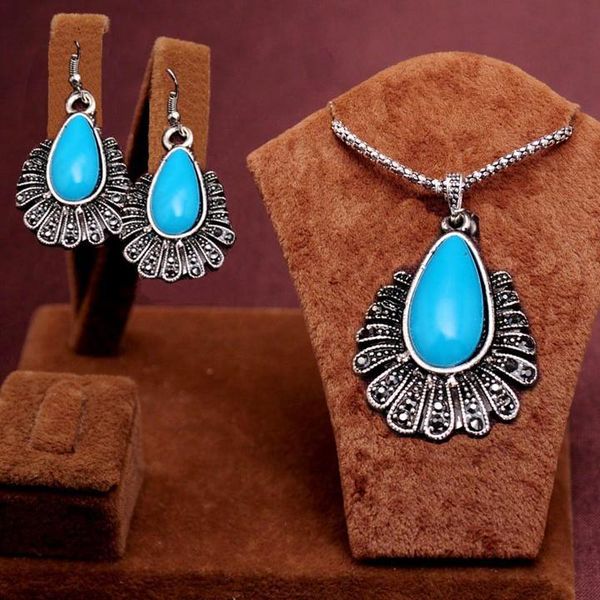 

2PCS Newest Arrival Romantic antique silver red/green blue/black water drop beads Design Necklace Earrings Jewelry Set women's gift