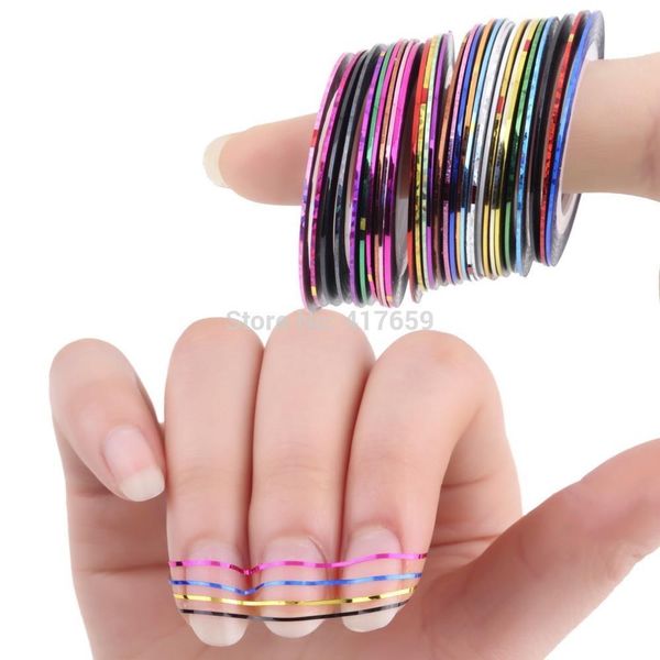 All'ingrosso-30 Pz 30 Rotoli multicolori Striping tape Line Nail Art Decorazioni Suggerimenti Adesivo Colori misti Consigli per unghie fai da te spedizione gratuita