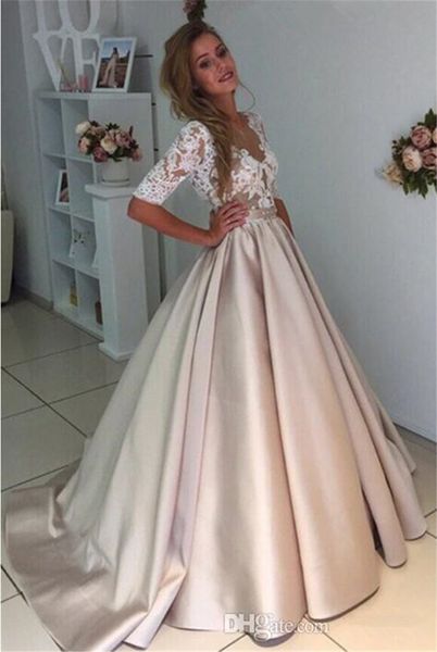 

2019 delicate vestido de noiva half sleeves ball gown elegant puffy skirt illusion appliques lace wedding dresses bridal gowns custom made, White