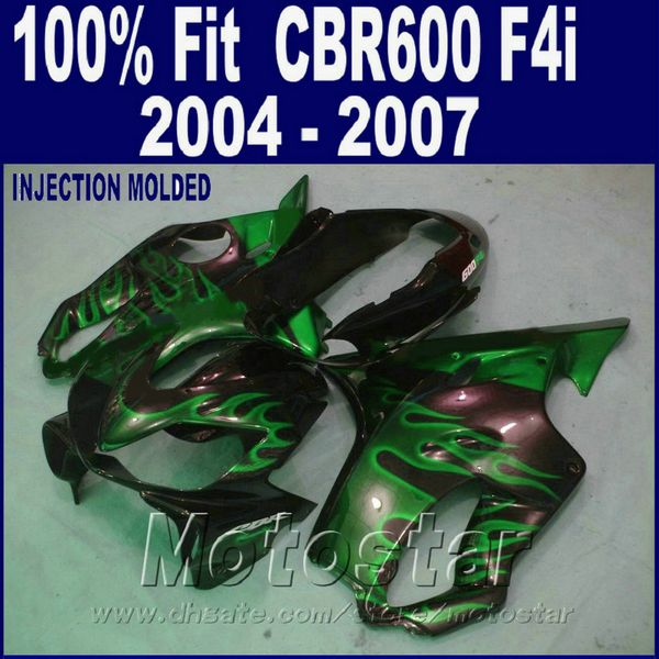 100% Injecção para HONDA CBR 600 F4i carenagens 2004 2005 2006 2007 carenagem de chama verde kits cbr600f4i 04 05 06 07 JDSG