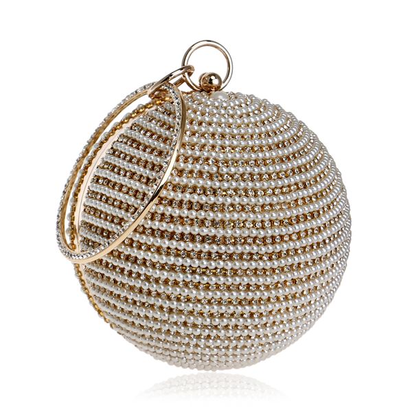 

New Women's Pearl Beaded Diamond Round Ball Wristlet Circular Evening Bag Bridal Wedding Clutch Bag Handbag Purse For Wedding Party Dinner