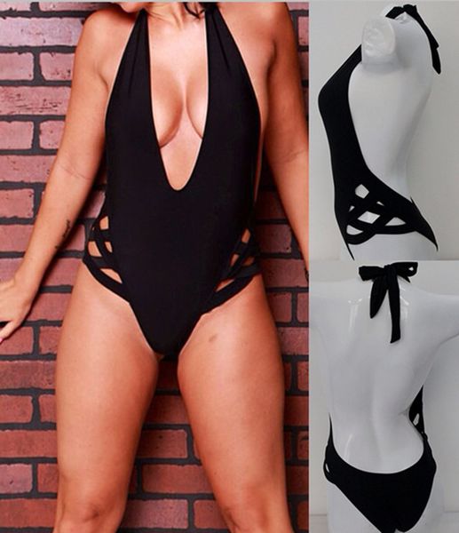 

fashion deep v hollow cut out one piece brazilian swimwear monokini swimsuit women backless retro triangle bathing suit, White;black