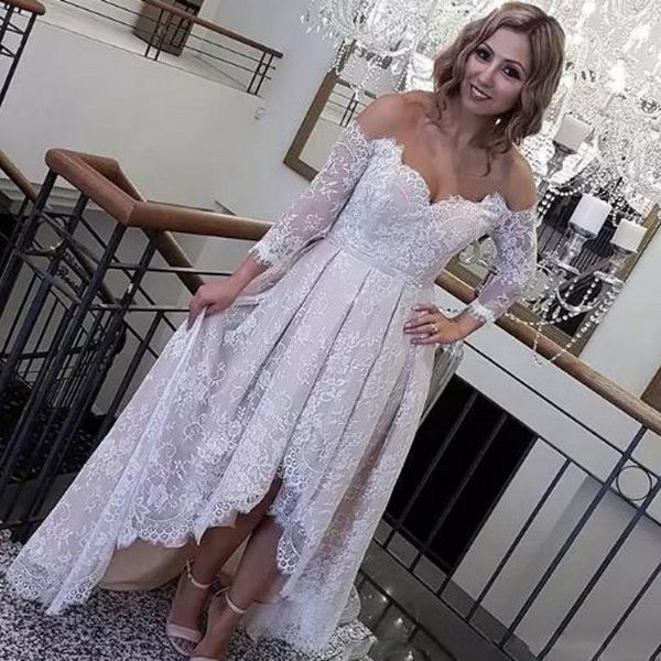 Retro Spitze High Low Brautkleider 2018 Schulterfrei Lange Ärmel Brautkleider Low Back Strandhochzeit Vestidos Günstige Maßgeschneiderte