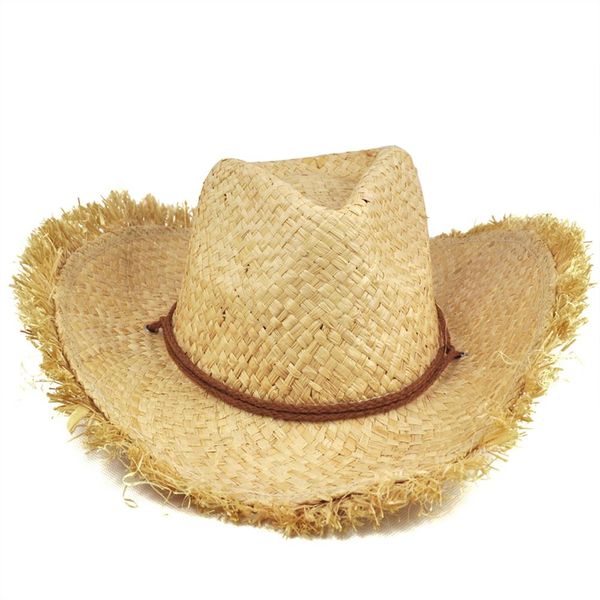 

mens womens fashion feathered edge natural straw cowboy sun hat cap, Blue;gray