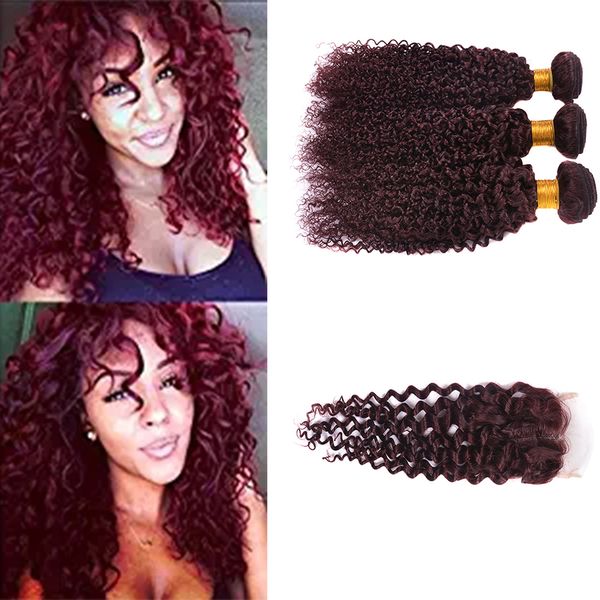 2019 Burgundy Virgin Brazilian Human Hair Weaving Curly Wine Red