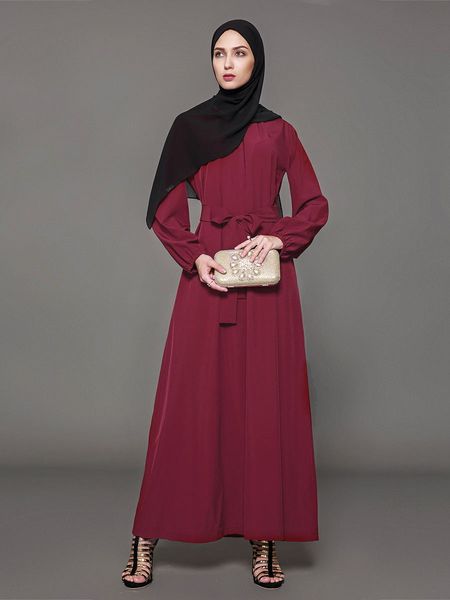 

new arrival plus size mulsim women long sleevd wine red kaftan dress with belt s-4xl robes