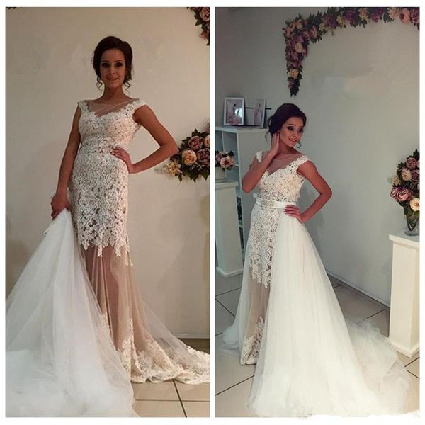 

2 pieces removable wedding dresses cap sleeve mermaid lace tulle detachable train new fashion bridal gowns custom size, White