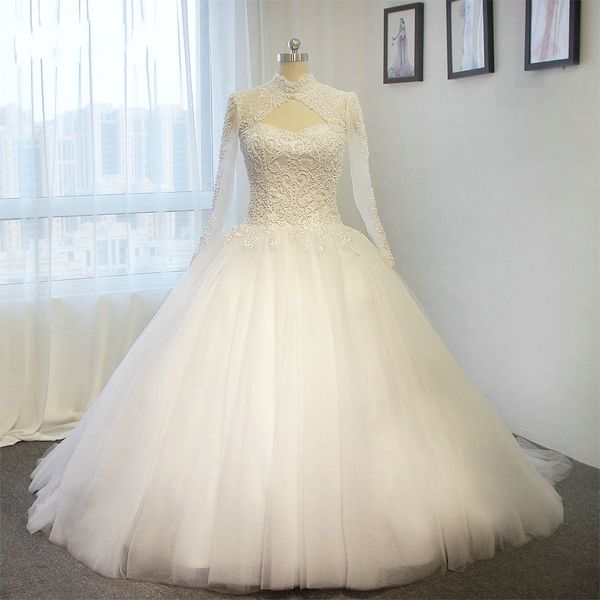 Neue Langarm-Hochzeitskleid-Ballkleider, echte Fotos, Perlen-Applikation, Stehkragen, Reißverschluss hinten, Vestido De Noiva, Hofzug-Brautkleid