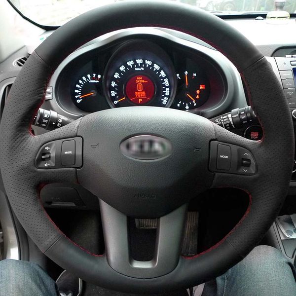 KIA Sportage R için direksiyon kapağı Durumda Hakiki deri DIY El-dikiş Araba tasarım Iç dekorasyon Araba deri aksesuarları