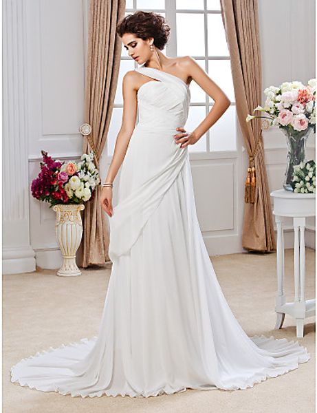 

2016 new fashion popular elegant white court train one shoulder ruched chiffon sheath wedding dresses 274
