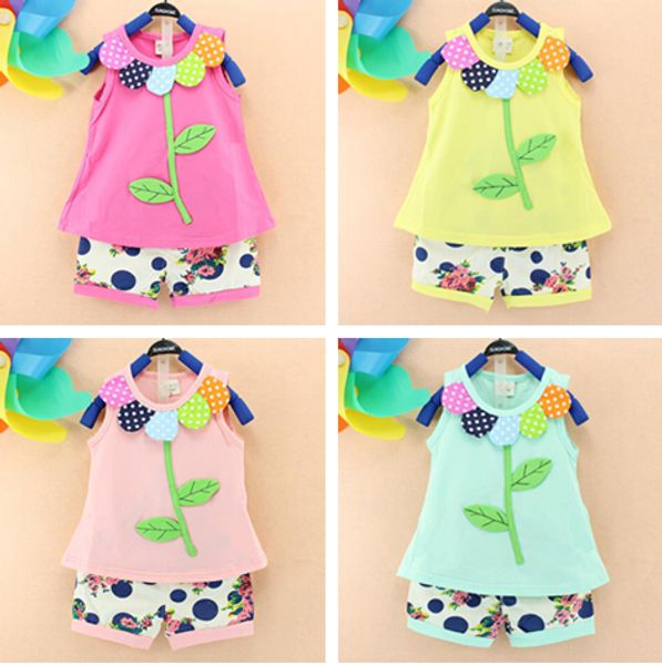 

2016 baby outfits pure cotton flower leaves vest+colorful shorts 2pcs baby girls clothes set summer babies outfit camouflage girl's fas, White