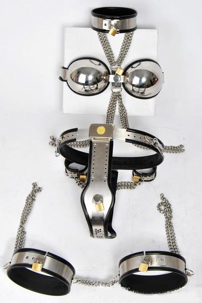

female adjustable t-type steel chastity belt /thigh cuff / bra /collar / handcuff (5pcs in 1 set) chastity device set 3colors