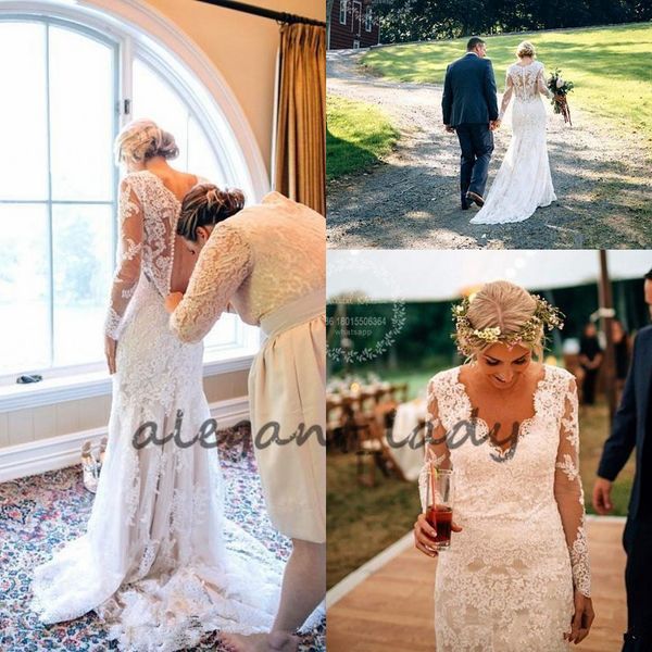 

Vintage Country Cowgirl Mermaid Wedding Dresses with Long Sleeves 2018 V-neck Covered Button Bohemian Garden Lace Wedding Gowns Cheap