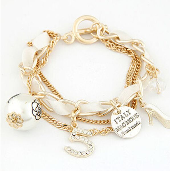 

wholesale-s189 fashion ladies ol pearl letter shoe multielement pendant ribbon multilayer bracelet, Golden;silver