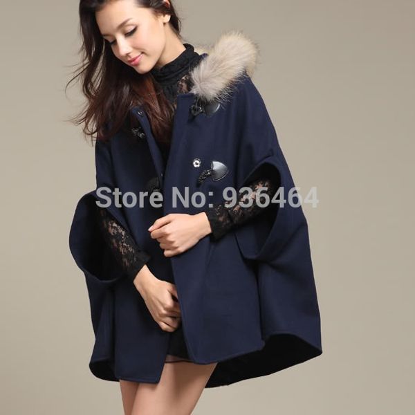 

wholesale-plus size women winter warm half batwing coats wool fashion poncho hoodie coat jacket loose cloak cape 3 colors available 34651, Black