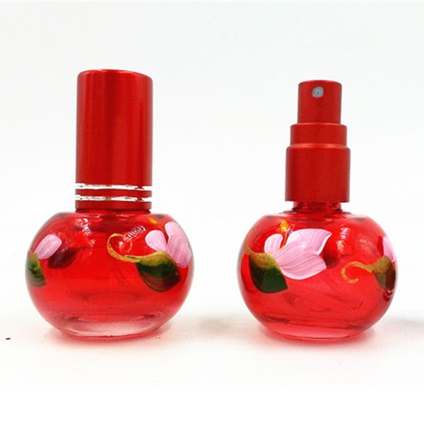 

Red Empty Glass Perfume Bottle 10ml Lotus Print MINI Round Perfume Atomizer Refillable Women Makeup Containers DC751