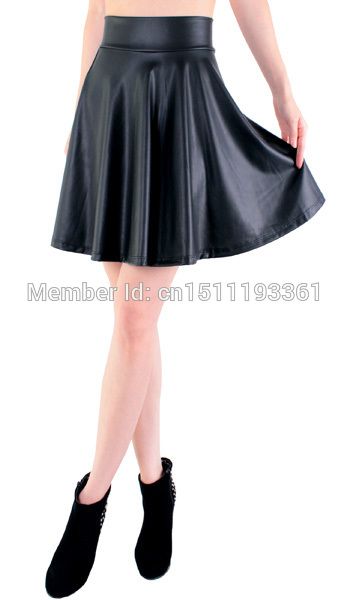 

wholesale- new high waist faux leather skater flare skirt mini skirt above knee solid color skirt s/m/l/xl, Black