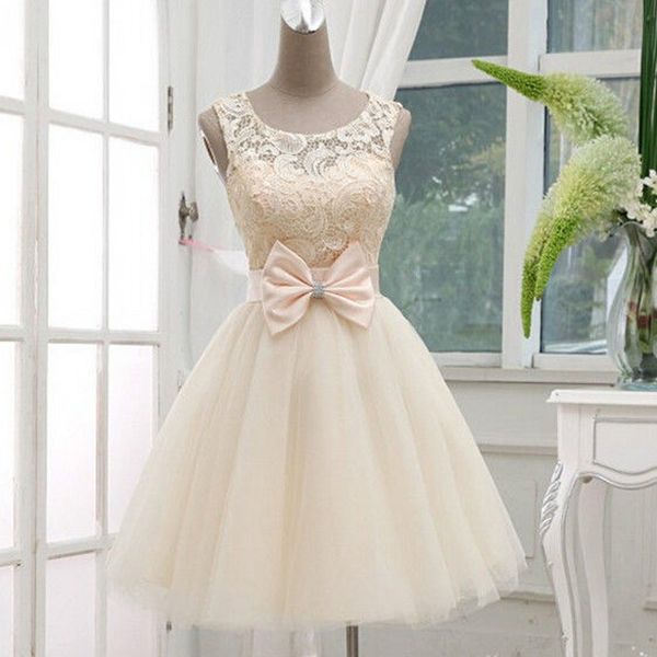 

real mini wedding dress little ball gown sheer jewel sleeveless lace-up back bridal gown bow beads lovely prom dresses in cream, White