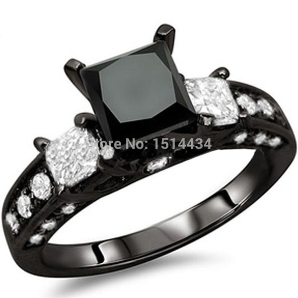 

size 5-11 black rhodium wedding ring princess cut cz engagement propose anniversary cocktail, Golden;silver